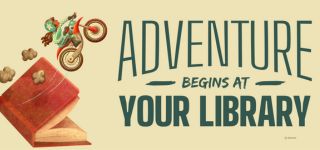 2024 "Adventure begins at your library" summer reading logo, showing a person jumping a motorcycle off an open book.