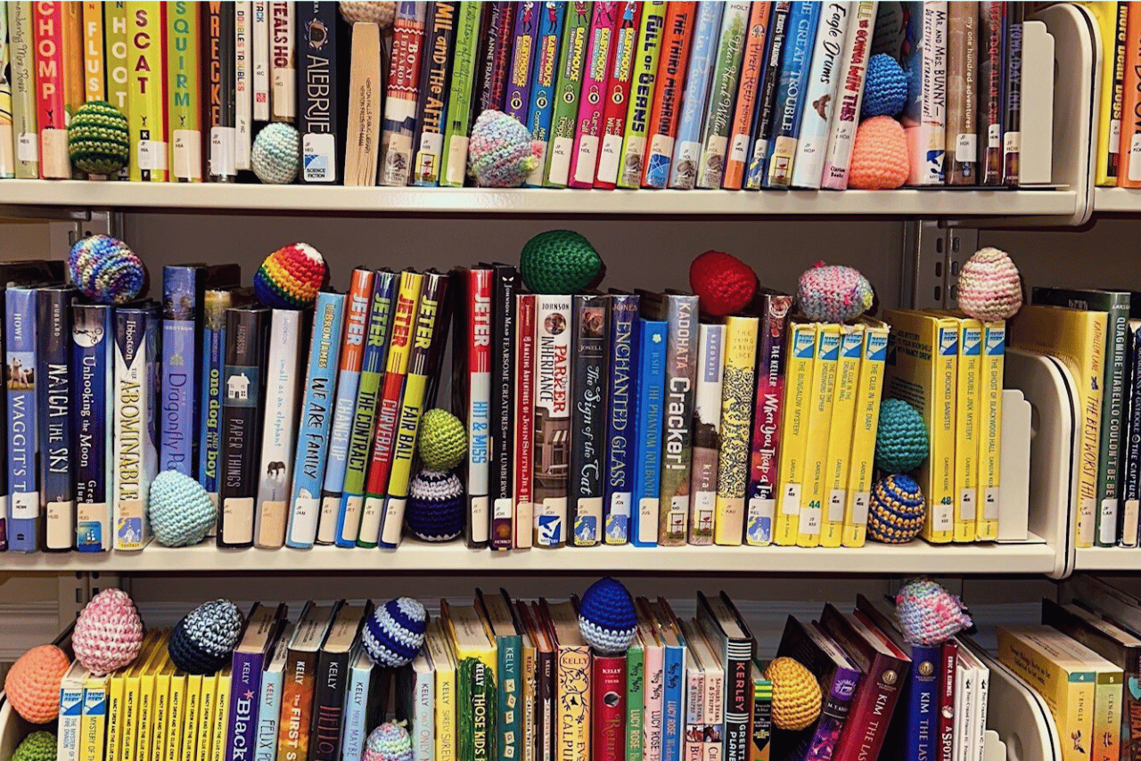Crochet Eggs on library book shelf