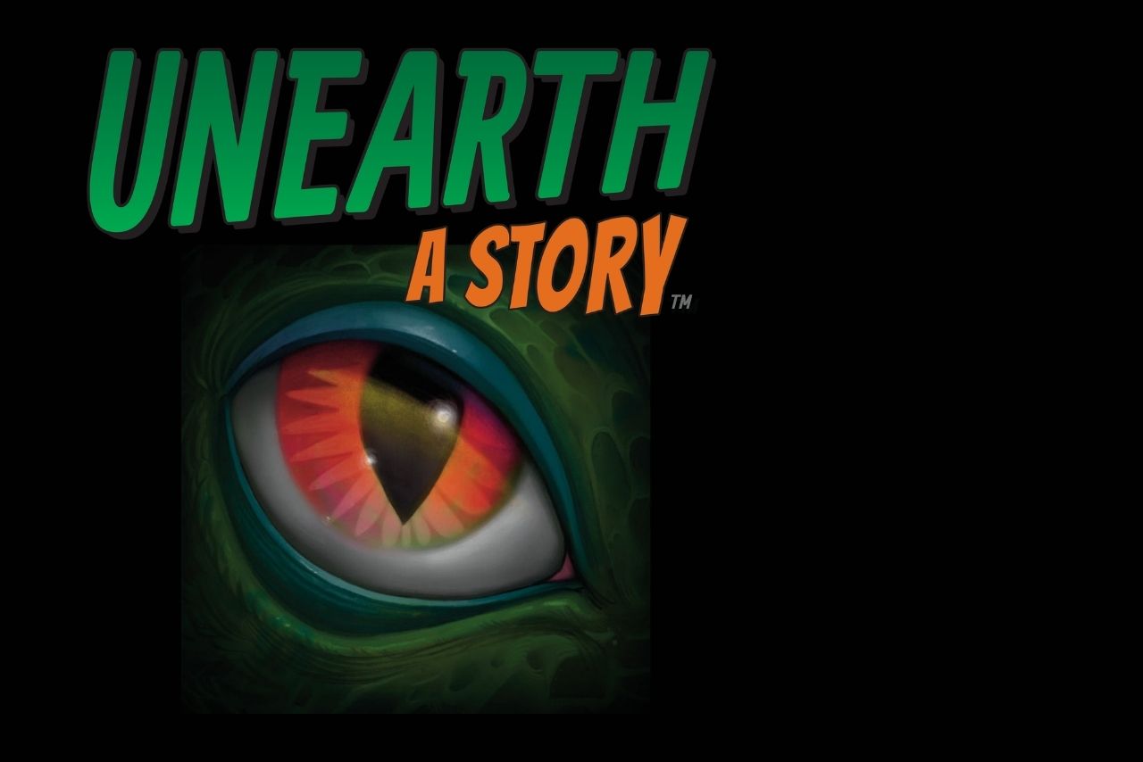 Unearth a Story logo and dinosaur eye.