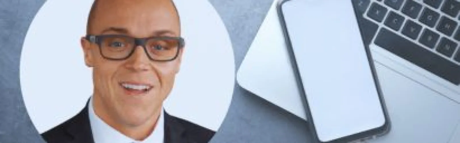 Headshot of John Milen next to a smartphone and laptop.